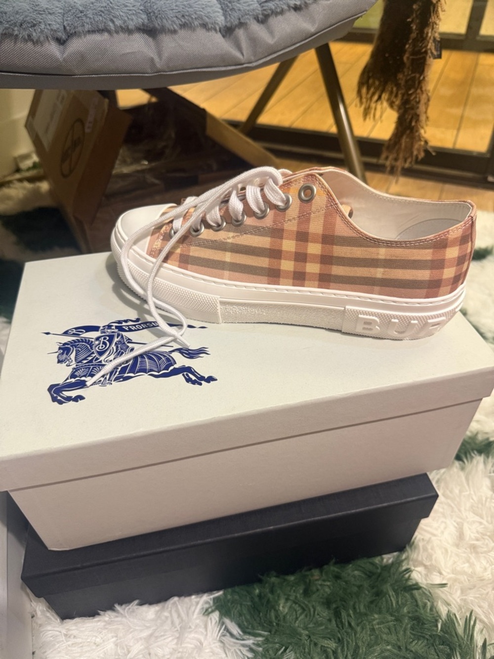Burberry Beige and Tan Check Canvas Low-Top Sneakers